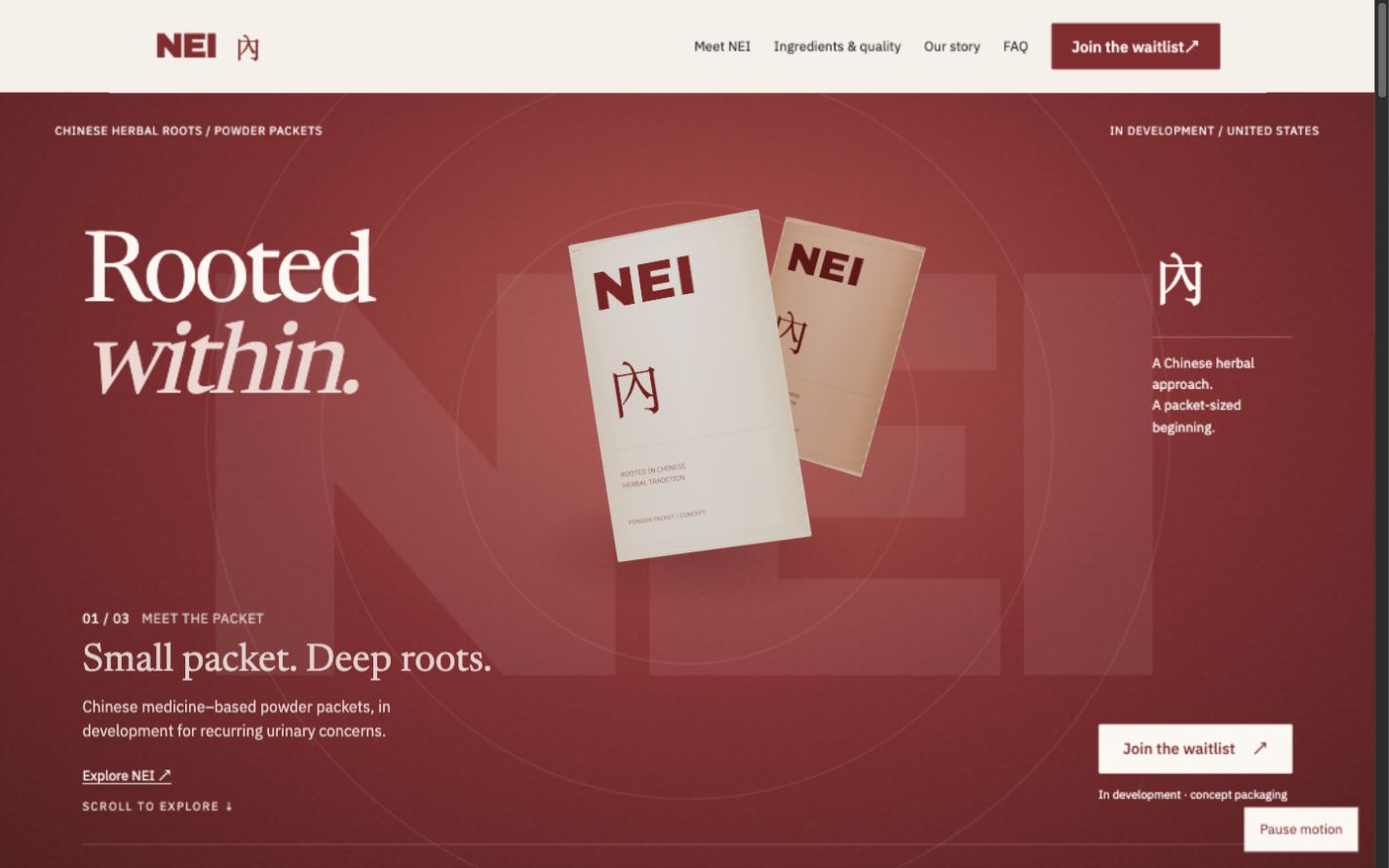 V1 oxblood homepage with a dimensional NEI packet and Newsreader heading