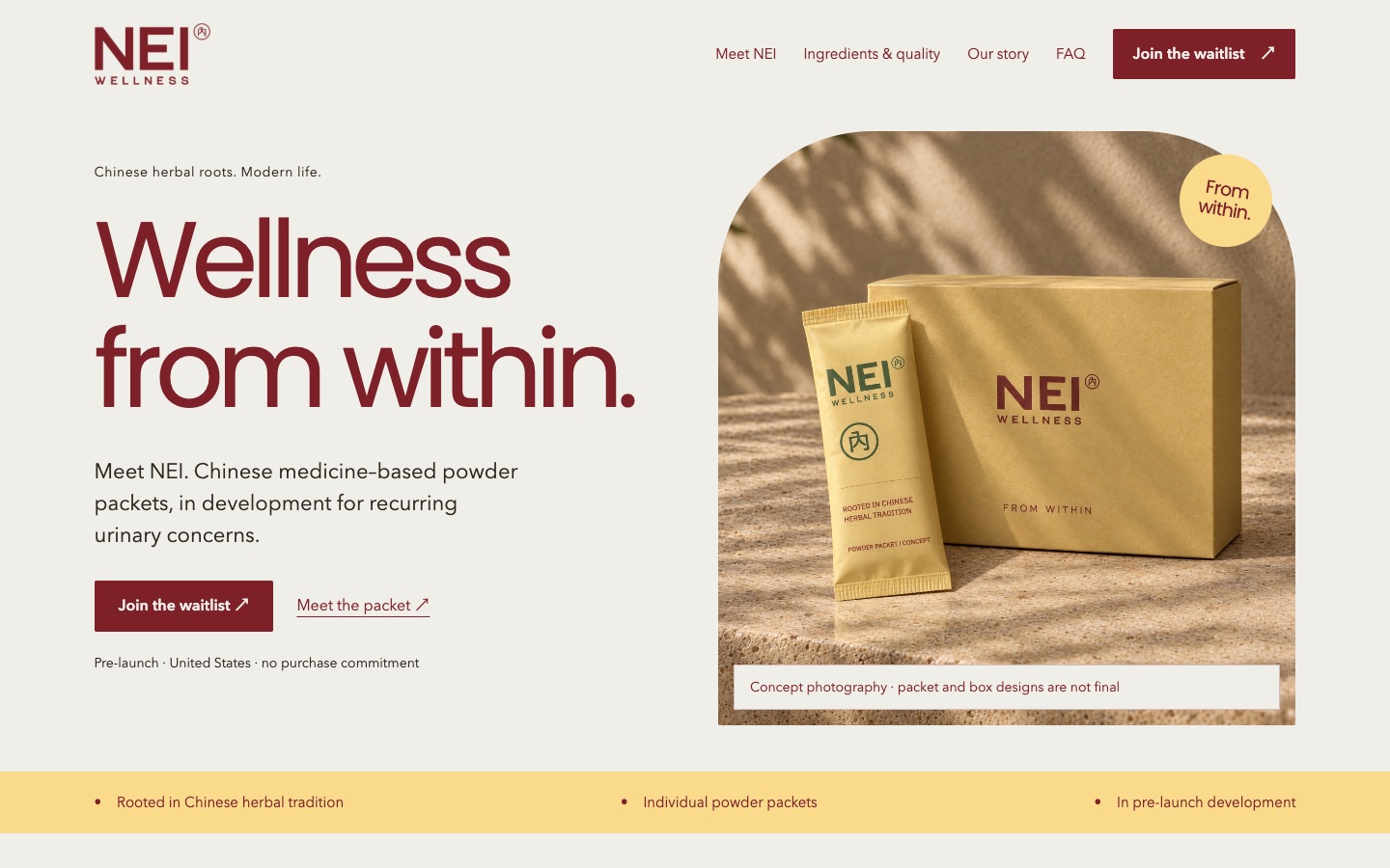 V2 NEI Wellness homepage with Poppins headings, Star White background, and warm packaging photography