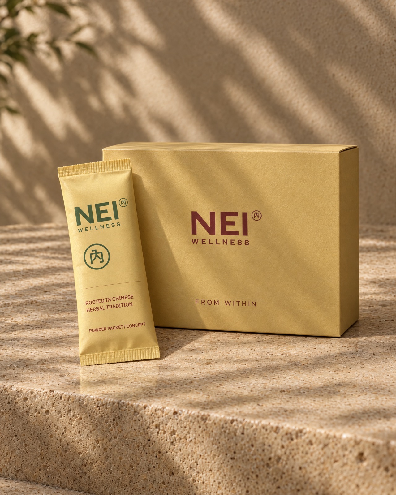 Concept photograph: a yellow NEI Wellness powder packet leans against a yellow NEI Wellness box on sunlit travertine