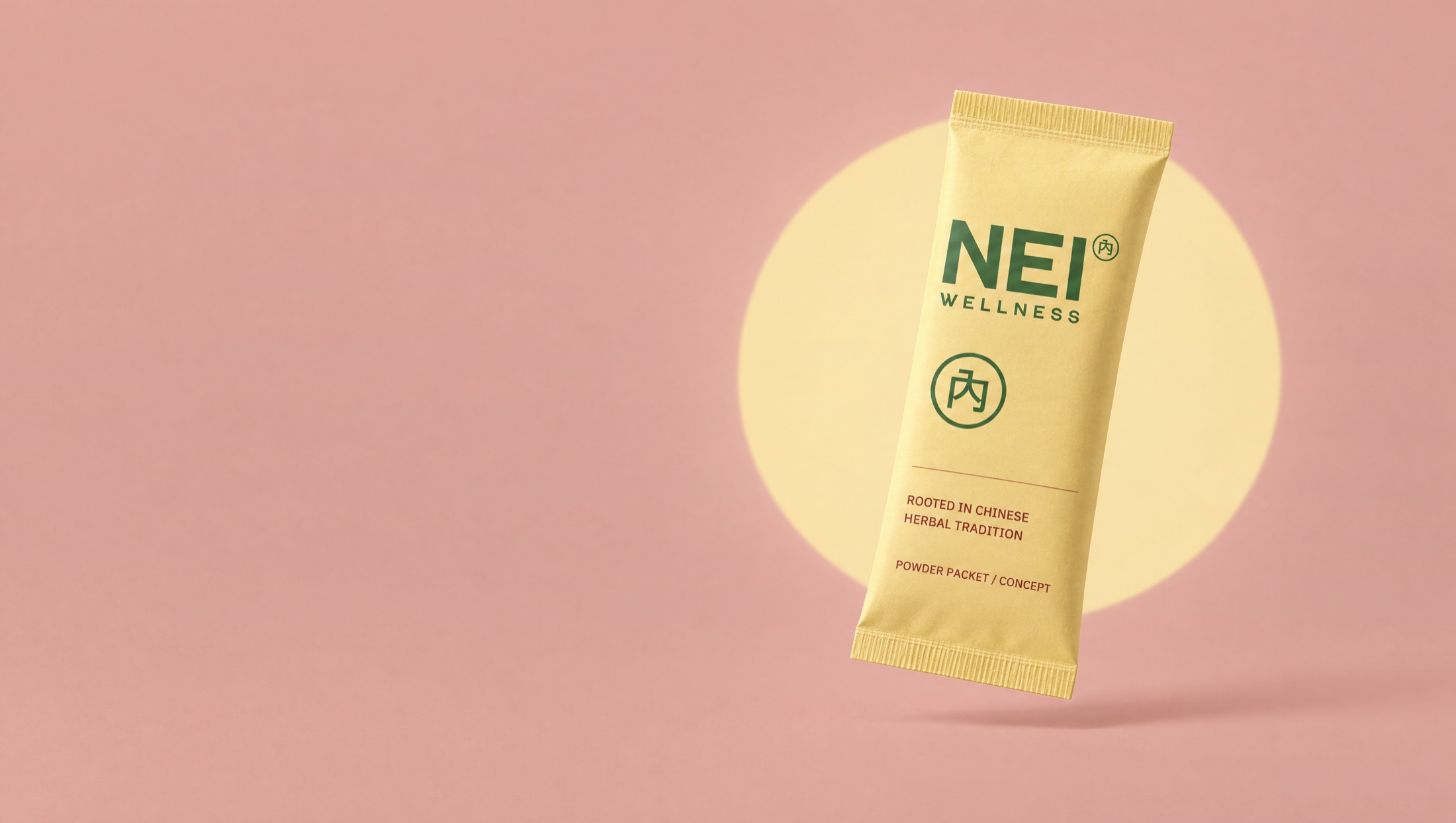 Concept photograph: a yellow NEI Wellness powder packet floats in front of a pale yellow circle on a soft pink background
