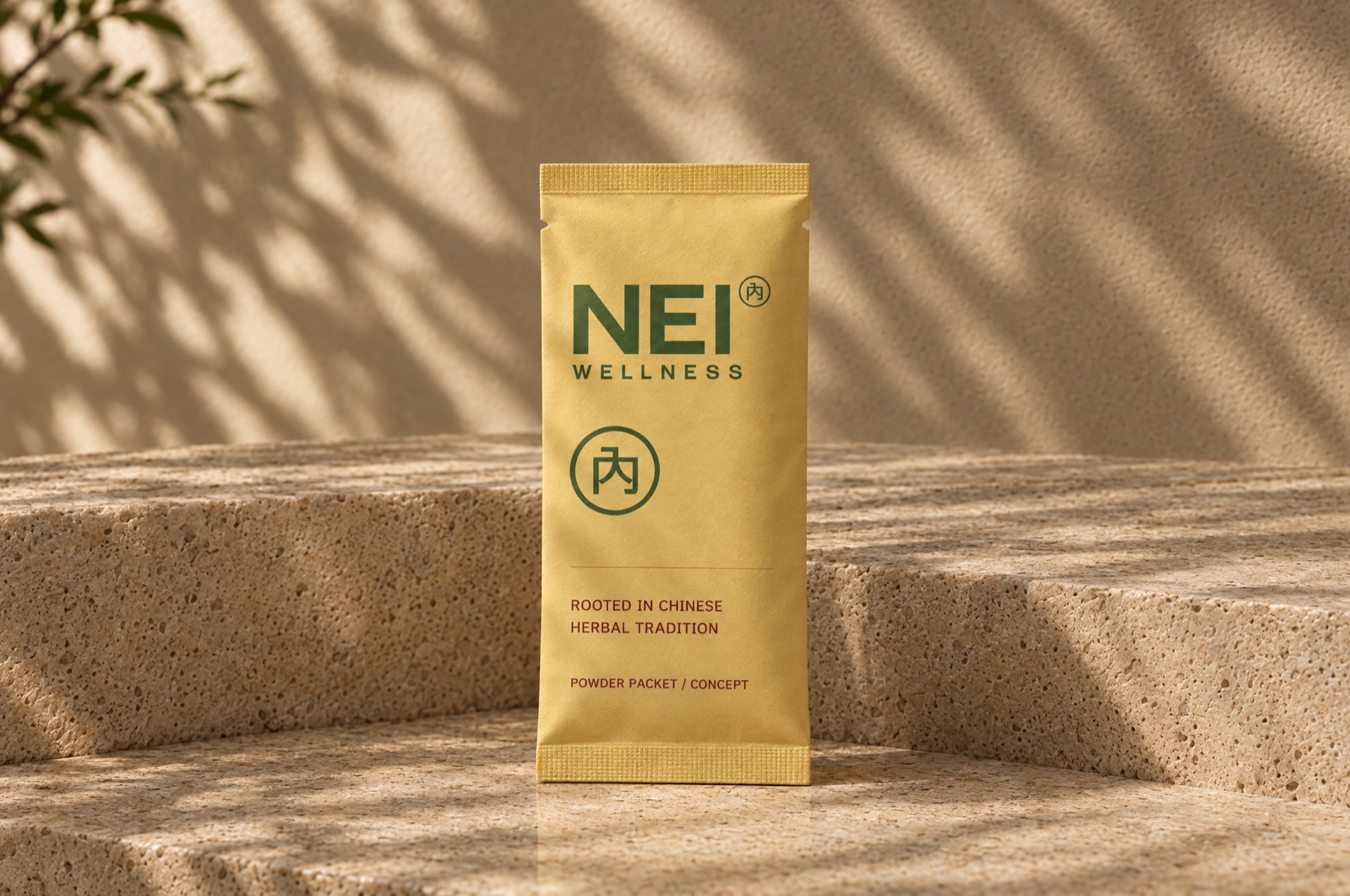 Concept photograph: a yellow NEI Wellness powder packet stands on sunlit travertine steps with soft leaf shadows