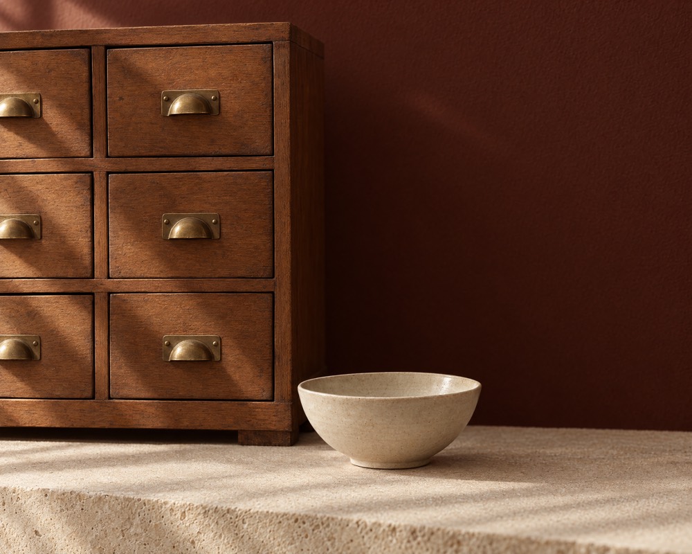 Concept photograph: a wooden cabinet of small closed drawers with brass pulls beside an empty cream ceramic bowl
